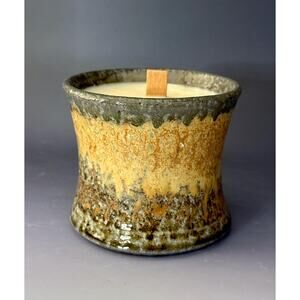 Handcrafted Soda-Fired Santal Candle with Wooden Wick – Unique Ceramic Vessel
